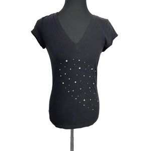 Jenni Jennifer Moore Half Heart Rhinestone Pattern V-Neck Short Sleeve T-shirt s